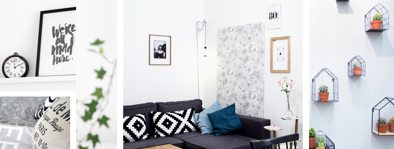 drei Ausschnitte aus einer Wohnung mit Sofa und Bildern an den weißen Wänden