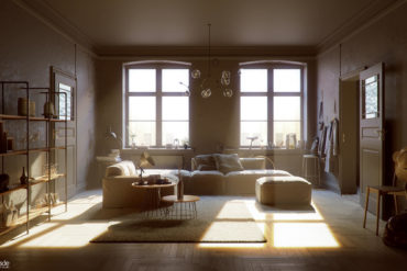 Wohnzimmer mit warmem Sonnenlicht das durch die Fenster fällt