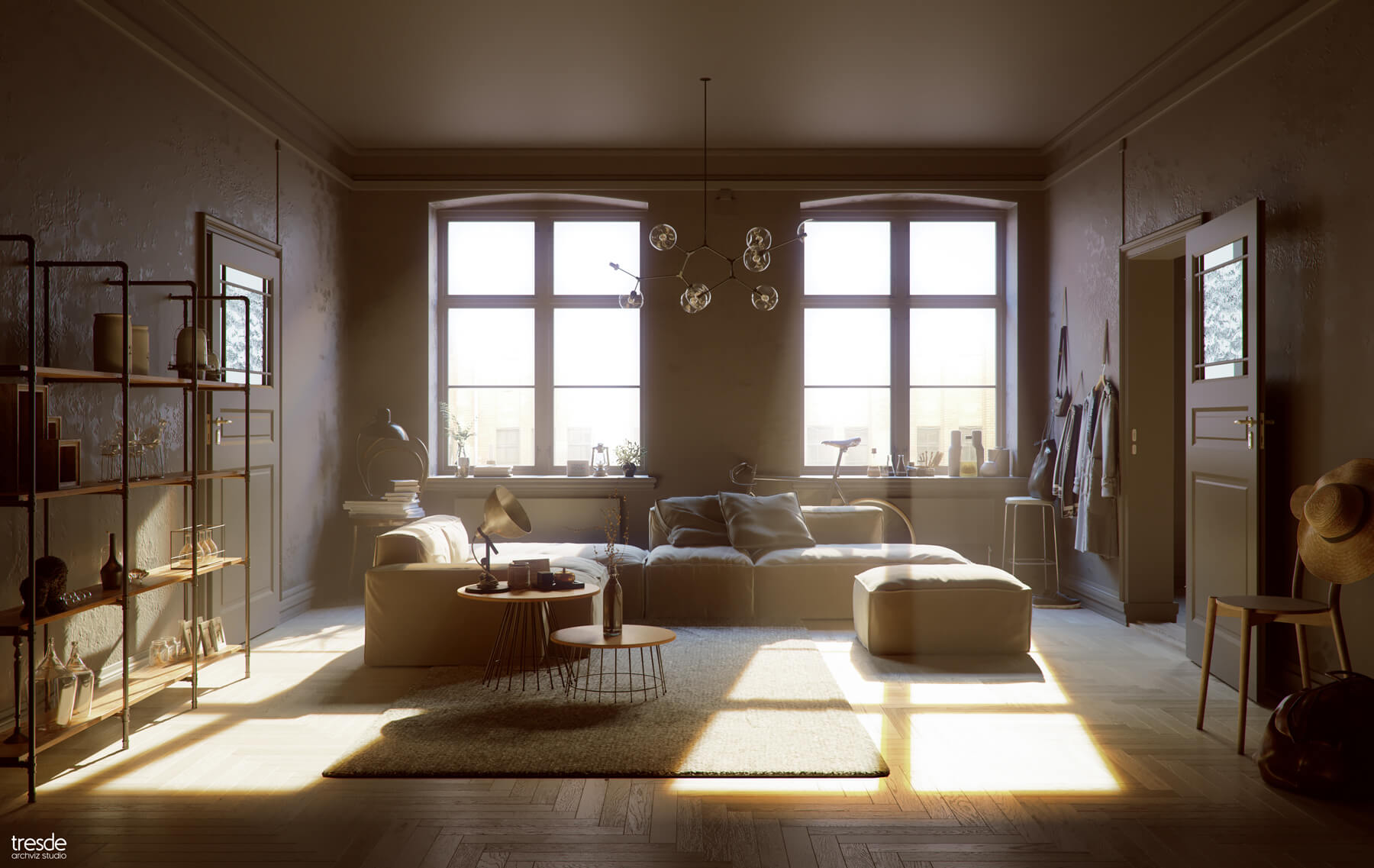 Wohnzimmer mit warmem Sonnenlicht das durch die Fenster fällt