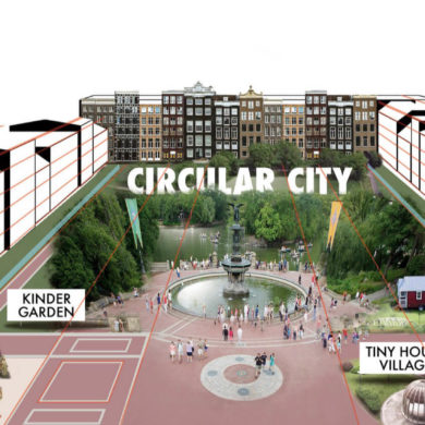 Illustration der Stadtutopie "Circular City" mit Altbauten, Neubauten, Tiny Houses und Gärten