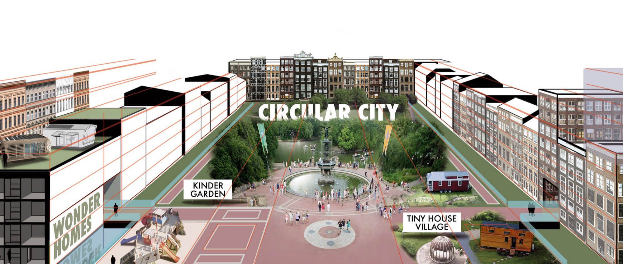Illustration der Stadtutopie "Circular City" mit Altbauten, Neubauten, Tiny Houses und Gärten