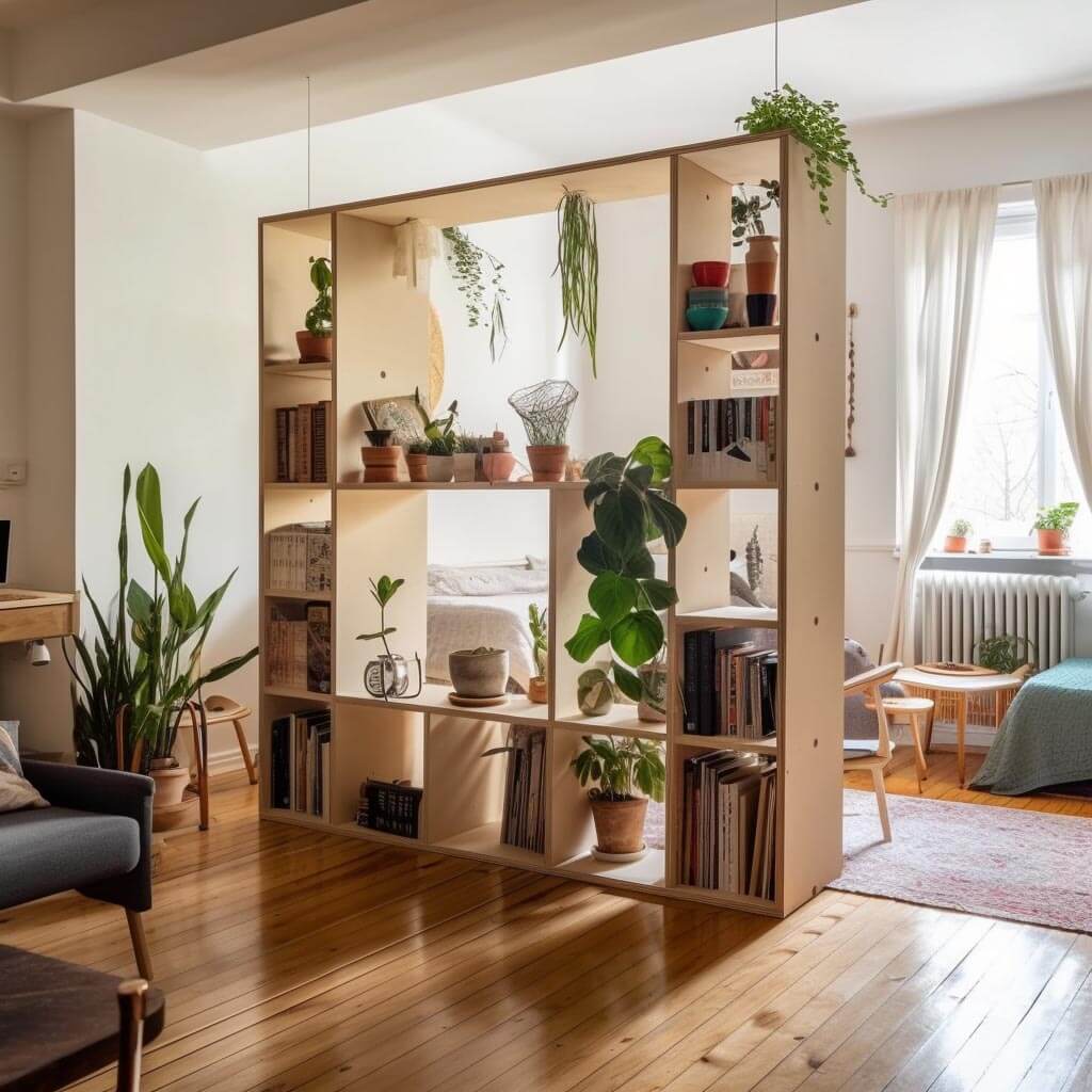 Zimmer im Boho-Stil mit großem Holzregal als Raumteiler. Das Regal ist gefüllt mit Büchern und Grünpflanzen in Töpfen