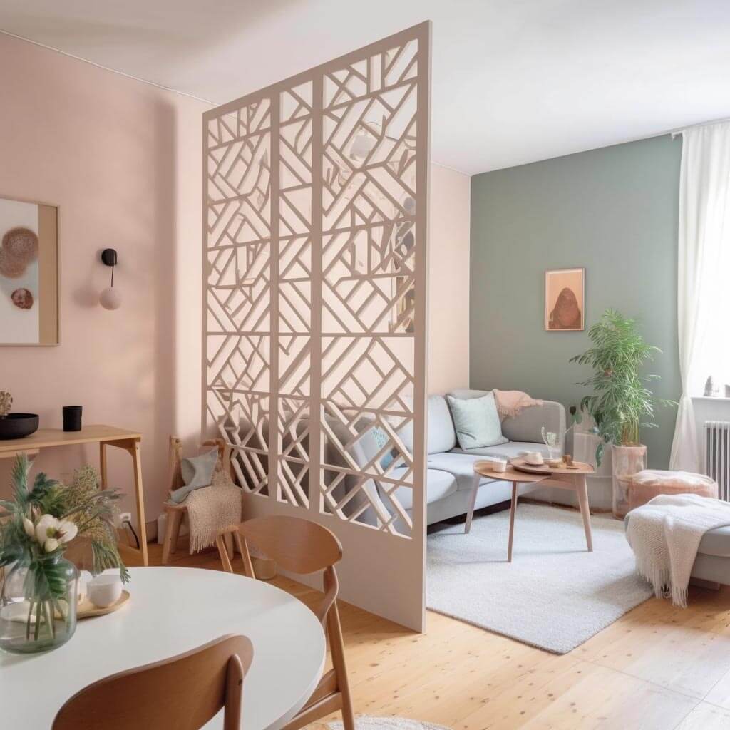 Zimmer in schlichtem modernen Design in Pastellfarben. Der Wohnbereich wird durch einen Raumteiler aus hellem Holz mit grafischem Muster vom Essbereich abgetrennt.