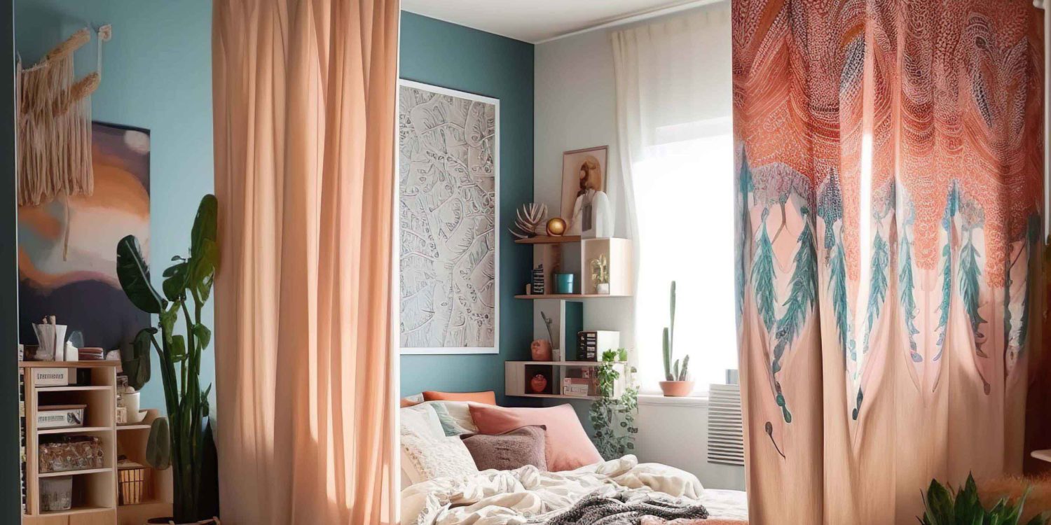 Schlafzimmer im Boho-Stil mit zwei Vorhängen als Raumteiler