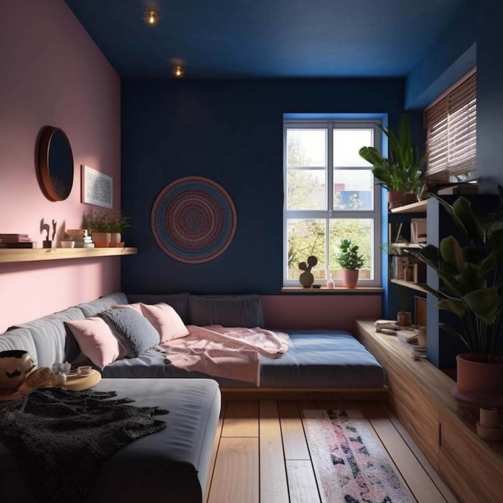 Ein kleines Wohnzimmer mit einer Wand in dunkelblau und einer Wand in rosa