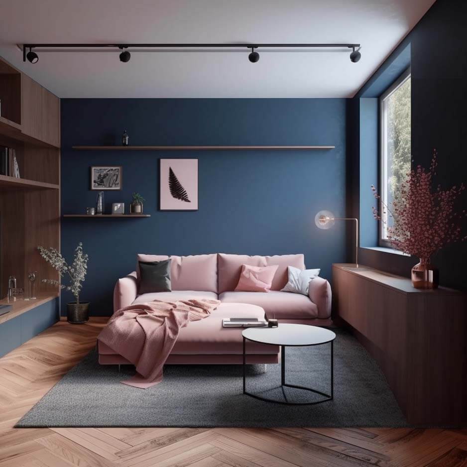 Wohnzimmer mit dunkerblauer Wand und Rosa Sofa