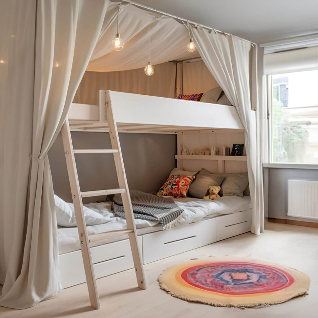 Kleines Kinderzimmer in minimalistischem Boho-Style mit Stockbett und Baldachin-Vorhängen in neutralen Farben. Farbakzente durch bunte Kissen und einen runden farbenfrohen Teppich auf dem Boden