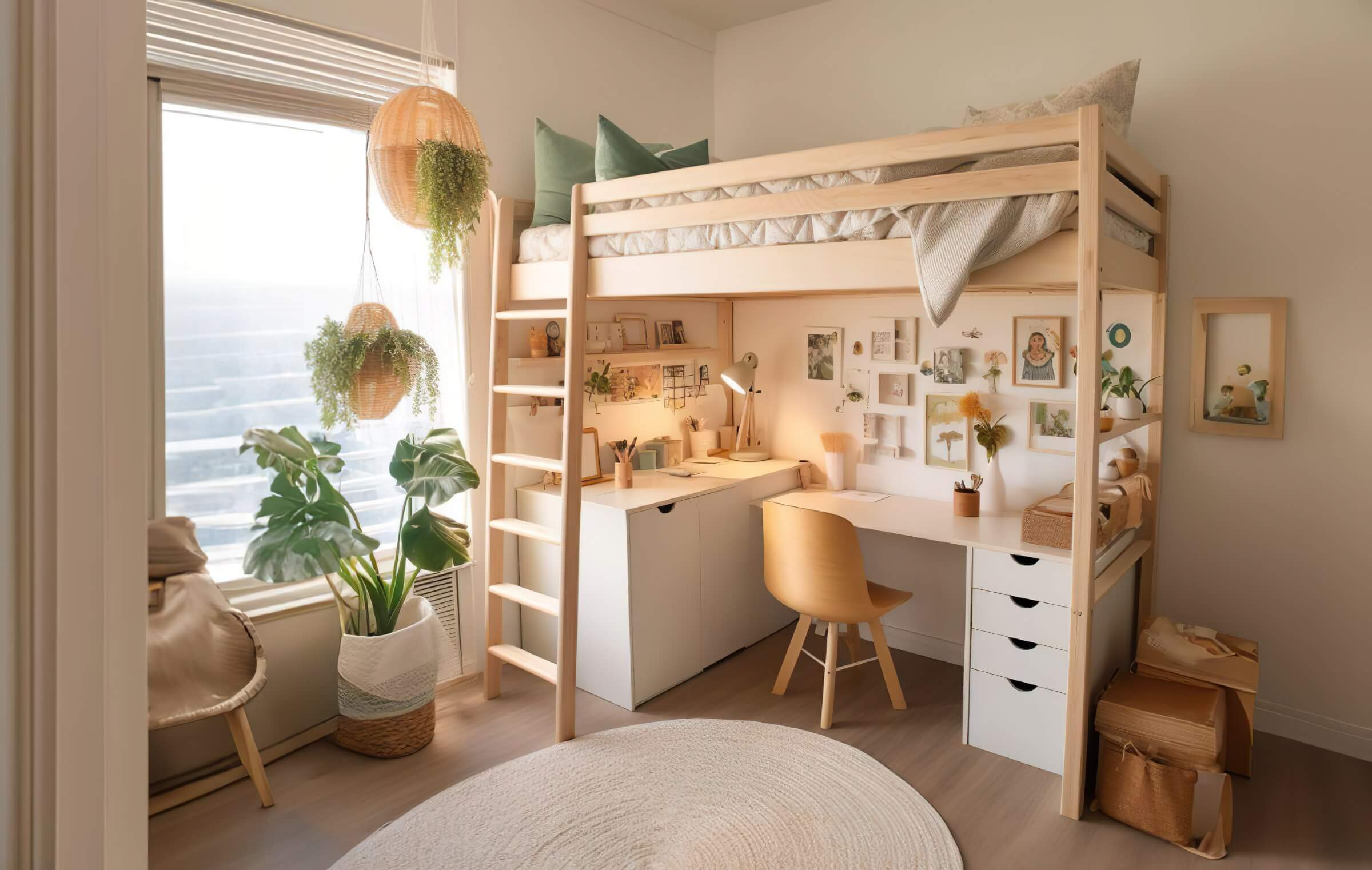 Ein helles Jugendzimmer im Boho-Style mit großen Pflanzen sowie Bildern an den Wänden. Im Zimmer befindet sich ein Hochbett aus hellem Naturholz. Unter dem Hochbett befindet sich ein weißer Schreibtisch mit Schubladen an den Seiten.