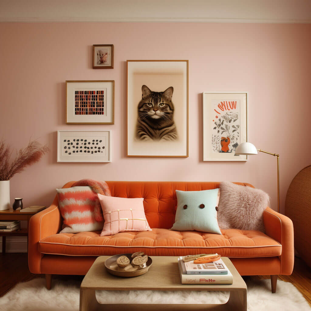 Blick auf ein Wohnzimmer in kräftigen warmen Farben. Die Stimmung ist angelehnt an die Filme von Wes Anderson. Das Sofa ist aus orangem Samt, die Wände sind in rosa gestrichen. Über dem Sofa hängt eine Bildergalerie, in der Mitte ein großes stilisiertes Porträt einer Katze.