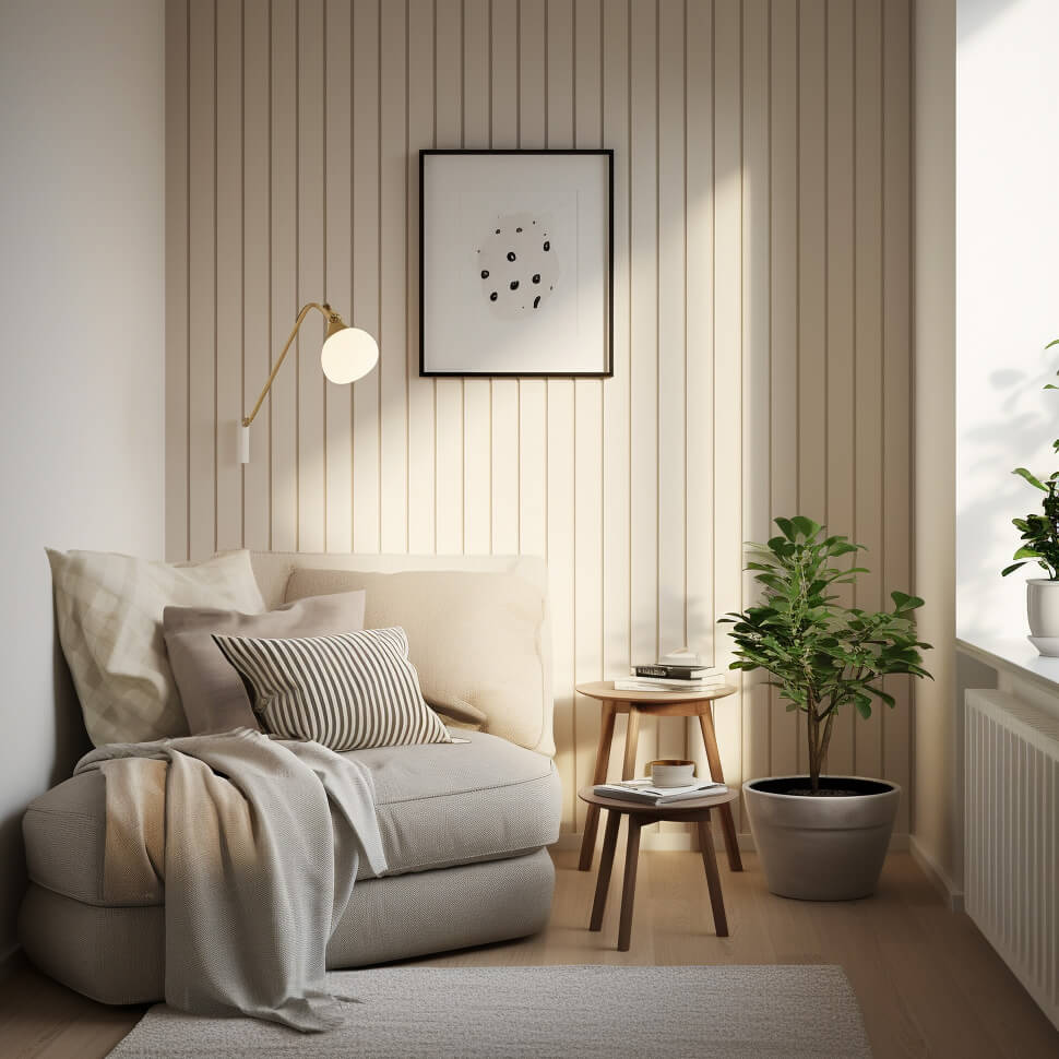 Kleine Sitzecke im Skandinavischen Stil mit Naturtönen. Die hintere Wand besteht aus Holzlatten in hellbeige, die vertikale Linien bilden.
