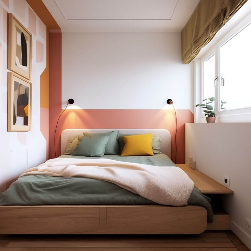 Blick auf ein kleines Schlafzimmer mit Doppelbett. Die Wände haben ein grafisches Muster in warmen Farben.