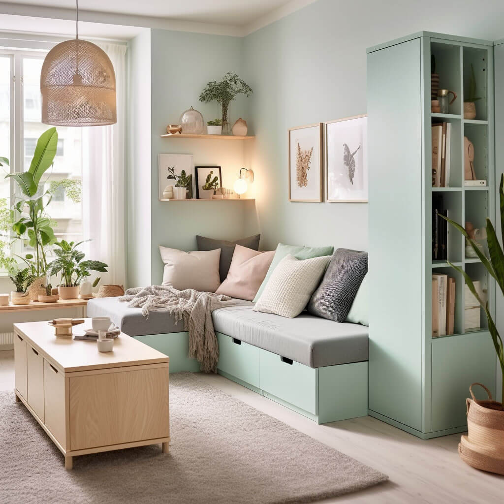 Blick in ein kleines Wohnzimmer. Farbgestaltung der Wände, des kleinen Sofas und des Regals in hellem Mint.