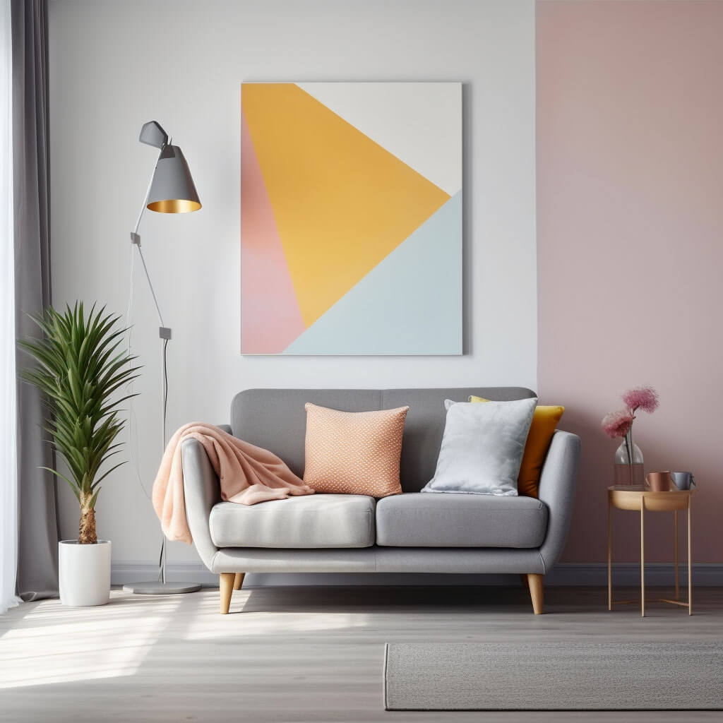 Blick auf ein graues Sofa. Über dem Sofa hängt ein grafisches Bild in Pastellfarben.