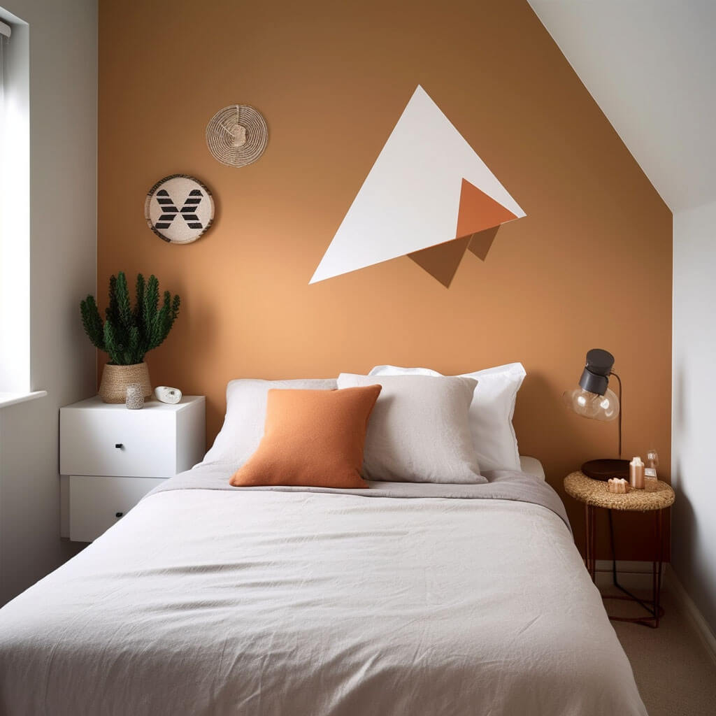 Blick auf ein Doppelbett in einem Raum mit Dachschräge. Die Wand hinter dem Bett ist in Rostbraun gestrichen und hat ein grafisches Muster, das die Form der Dachschräge wieder aufnimmt.