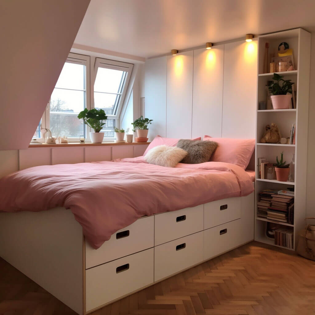 Blick auf ein kleines Schlafzimmer. Das Doppelbett ist leicht erhöht und hat viel Stauraum darunter. Das Licht ist warm, Bettwäsche und weitere Einrichtungsdetails sind in Rosa gehalten.