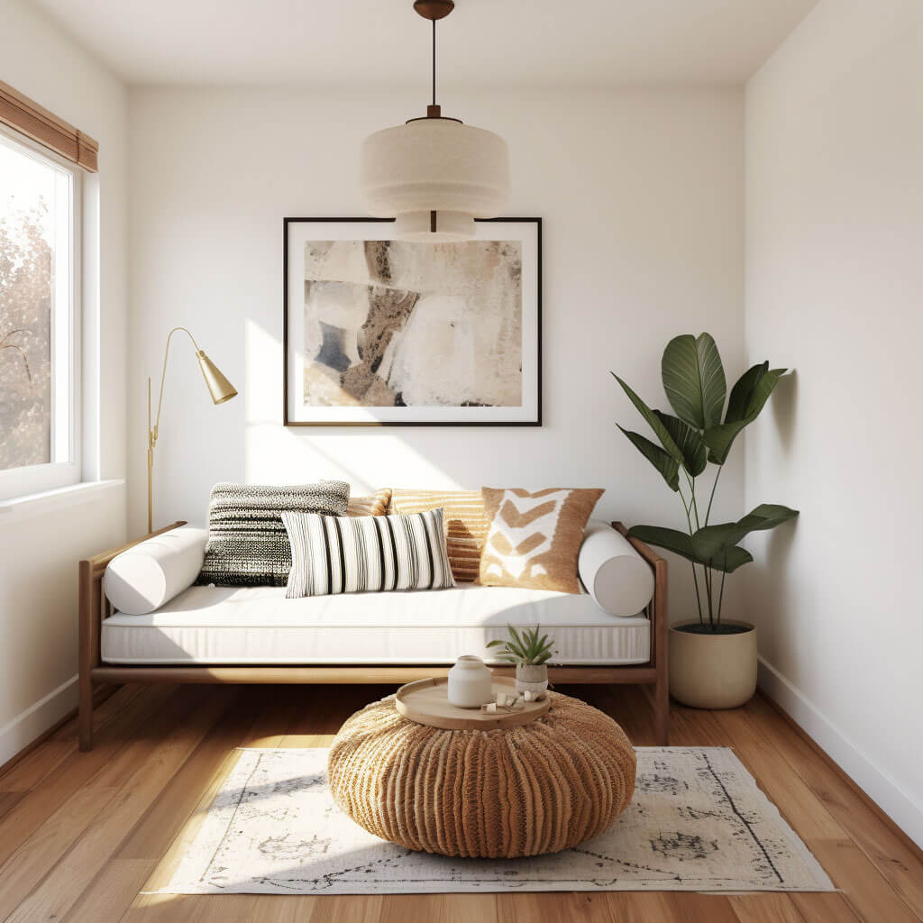 Schlichtes helles Wohnzimmer im skandinavischen Stil mit Etno-Elementen.