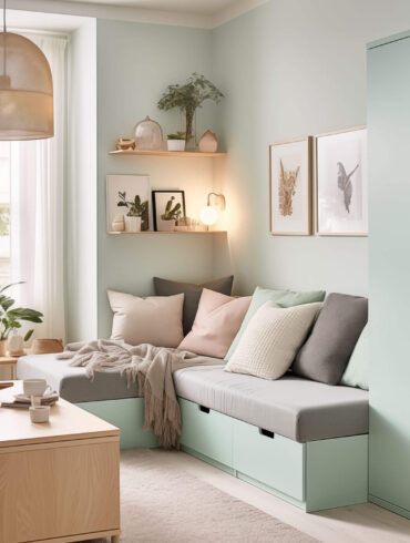 Blick in ein kleines Wohnzimmer. Farbgestaltung der Wände, des kleinen Sofas und des Regals in hellem Mint.
