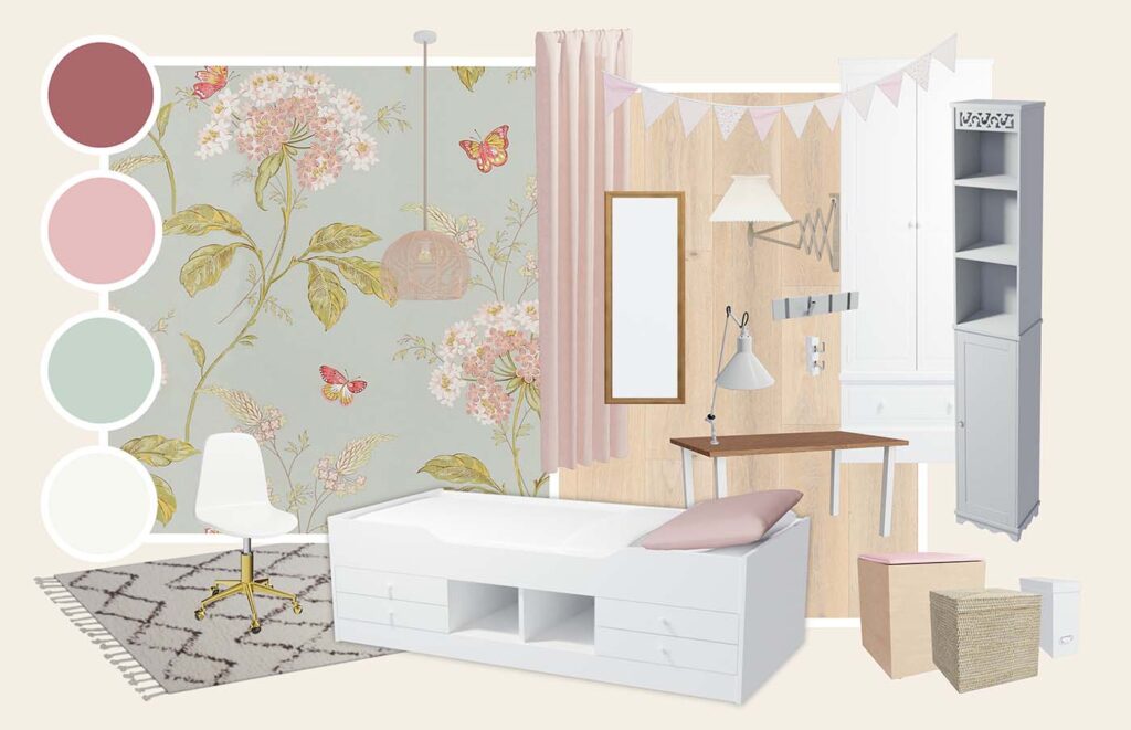 Styleboard für das Mini-Kinderzimmer mit Möbeln in weiß, rosa, Holzfarben, sowie einer gemusterten Tapete mit Blumen in rosa, weiß und grün auf hellblau-mint-farbenem Hintergrund