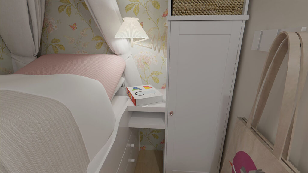 Detailansicht des Nachttischs, der eine Verbindung zwischen Bett und Regal darstellt.