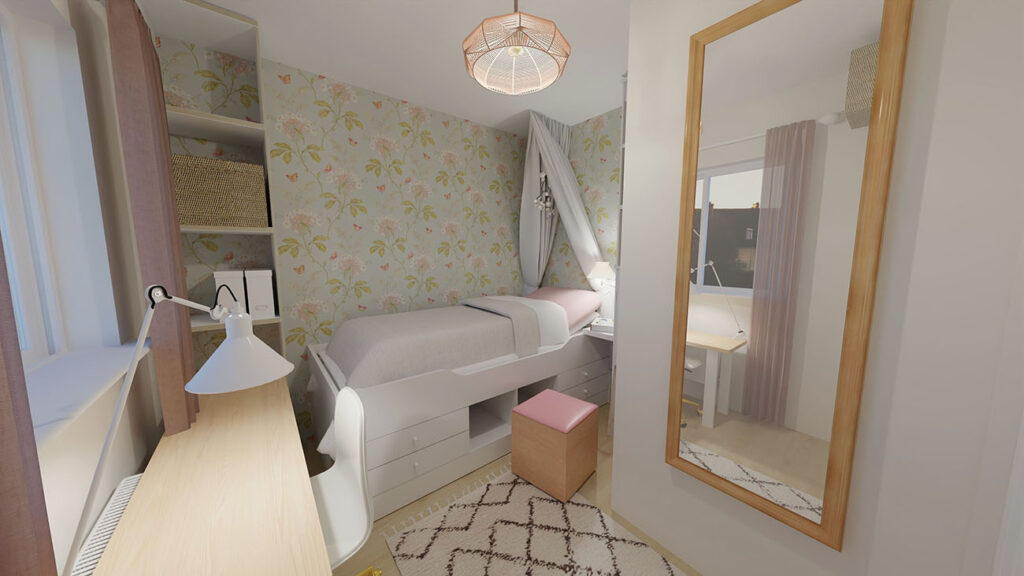 Blick vom Kleiderschrank aus auf den Rest des Zimmers. Links der Schreibtisch, geradeaus an der gegenüber liegenden Wand das Bett, und rechts ein großer Spiegel