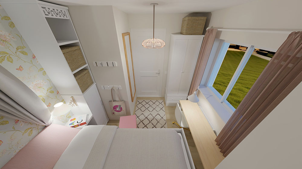 Blick von der Decke des Zimmers aus vom Bett Richtung Tür