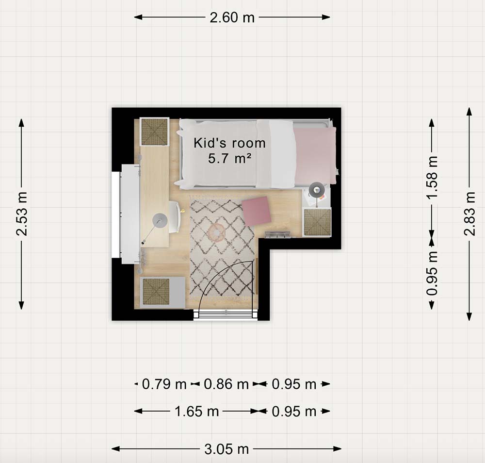 Farbiger Grundriss des Mini-Zimmers mit 5,7 m²