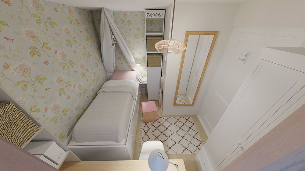 Blick von der Decke des Zimmers aus vom Fenster in Richtung Bett und Regal neben dem Bett