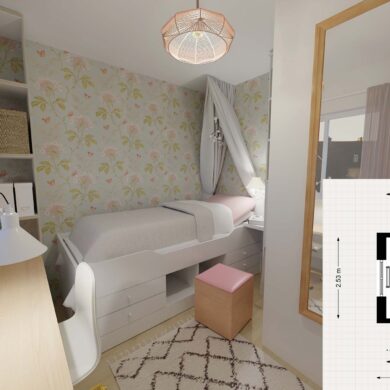 Titelbild für das Einrichtungskonzept für ein Mini-Kinderzimmer. Das Bild zeigt das Zimmer von der Eingangstür aus gesehen. Links der Schreibtisch und ein Regal, geradeaus das Stauraumbett, und rechts an der Wand ein großer Spiegel