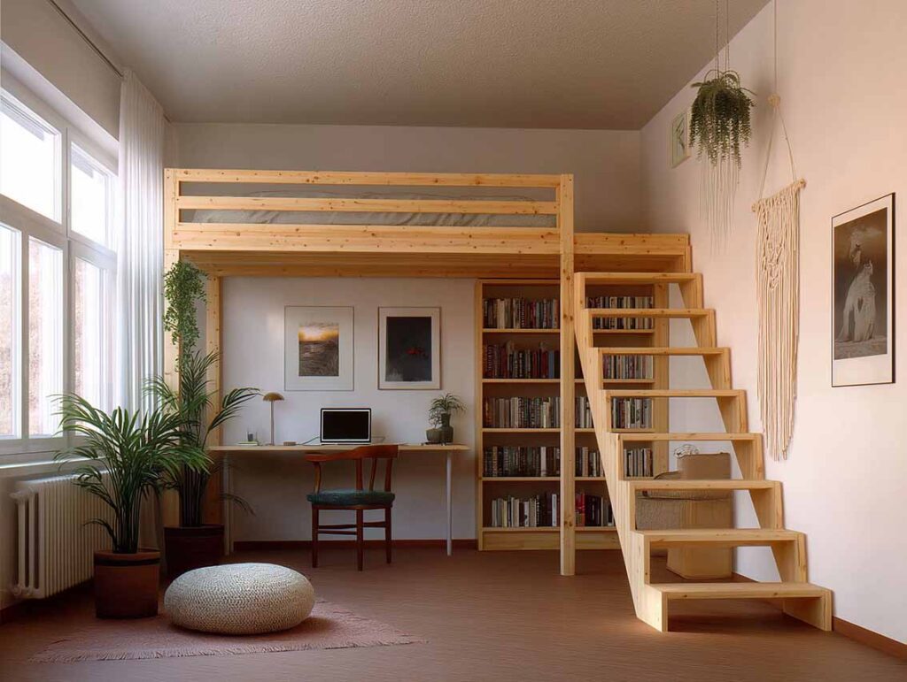 30 qm Wohnung mit einem Hochbett aus hellem Holz, unter dem sich ein holzfarbener Schreibtisch und ein Bücherregal aus Holz befinden