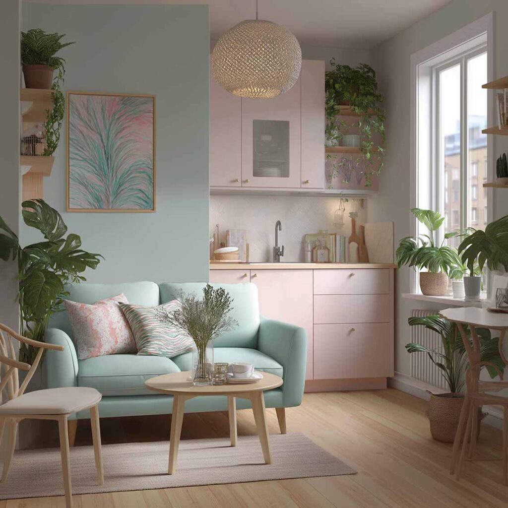 Kleines Studio-Apartment mit einer Küchenzeile in hellem Rosa. Der davorliegende Wohnbereich wird durch eine mintfarbene Wandfarbe vom Küchenbereich visuell abgetrennt.