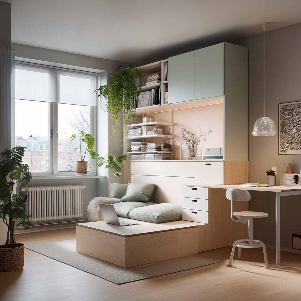 Kleines kombiniertes Wohn- und Arbeitszimmer. Die Schränke aus Holz ziehen sich als kleine Plattform auf dem Boden weiter, so dass mit Kissen darauf ein integriertes Sofa entsteht.