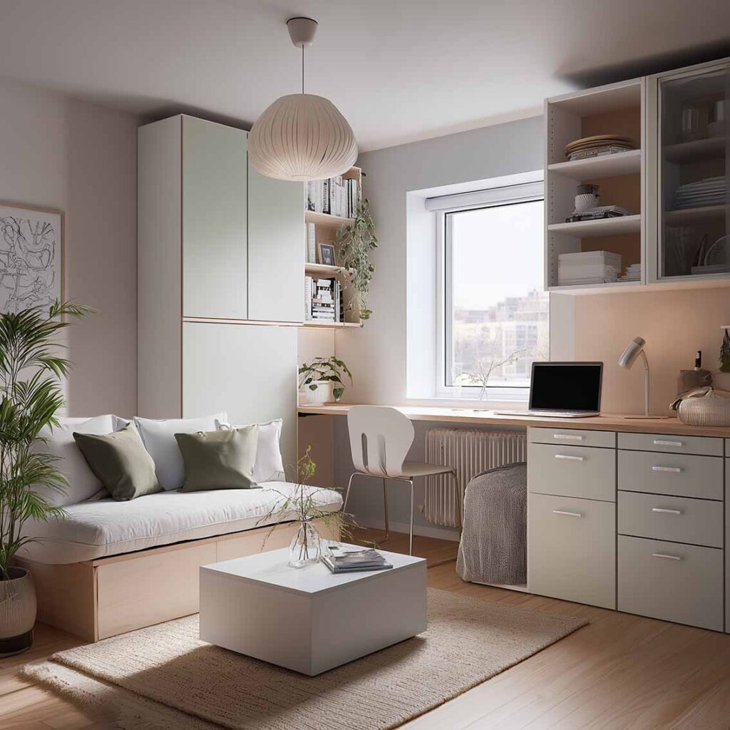 Kleines Wohnzimmer mit Schreibtisch und Stauraumschränken entlang der Fensterseite. Daneben ein kleines Sofa ebenfalls mit integriertem Stauraum.