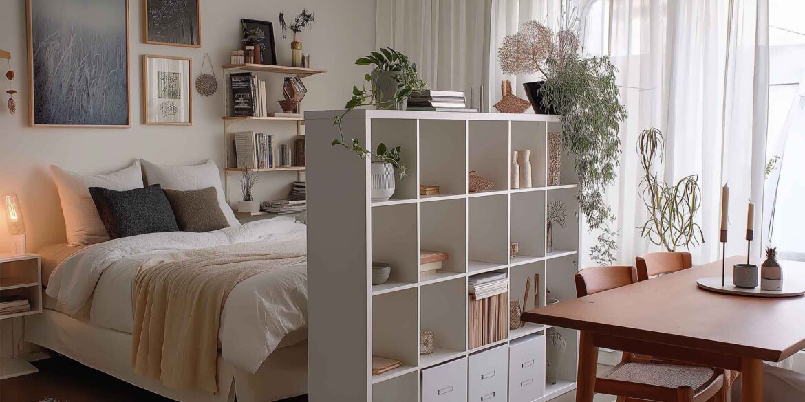 Kleines Wohnzimmer mit Regal als Raumtrenner zwischen Bett und Esstisch