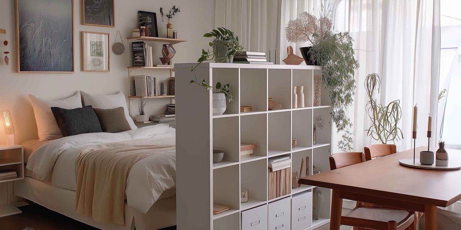 Kleines Wohnzimmer mit Regal als Raumtrenner zwischen Bett und Esstisch