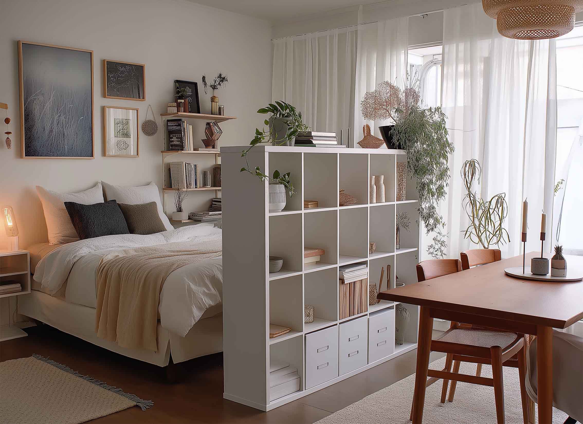 Kleines Wohnzimmer mit Regal als Raumtrenner zwischen Bett und Esstisch