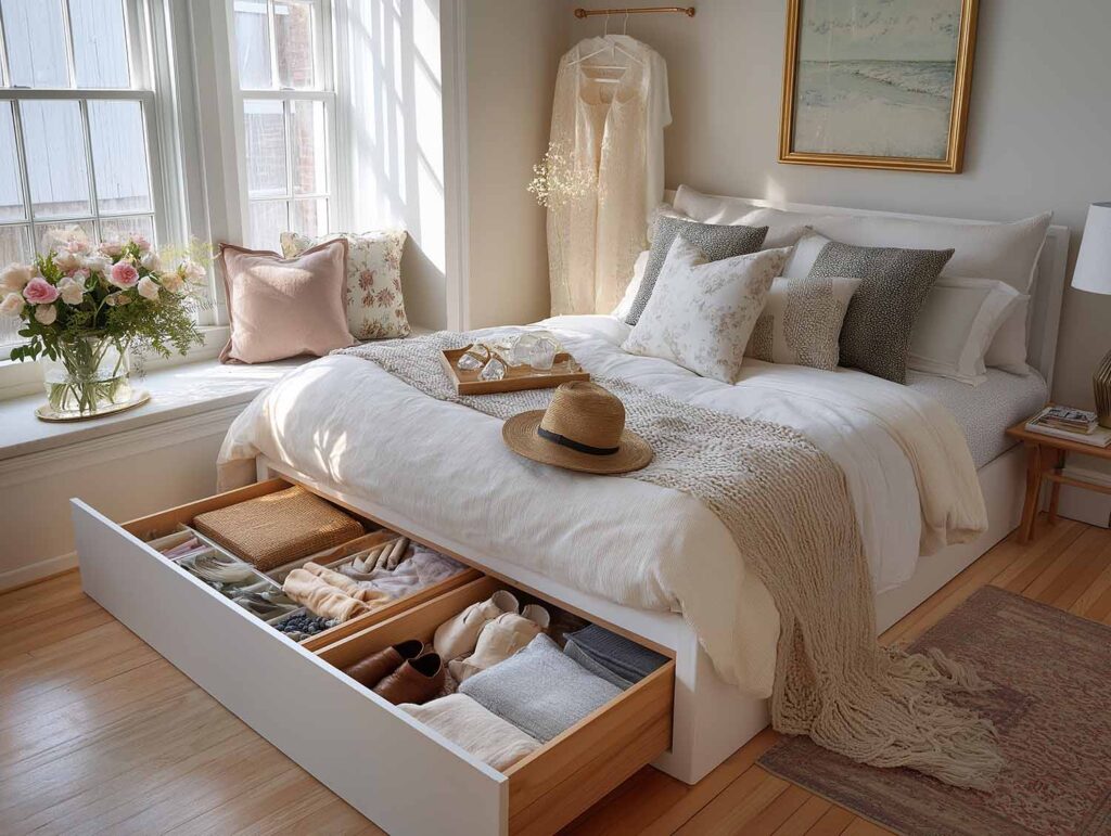Stauraumbett in einem eleganten Zimmer im romantischen Bohostil. Das Bett hat eine große geöffnete Schublade, in der Kleidung und Einrichtungsgegenstände aufbewahrt werden