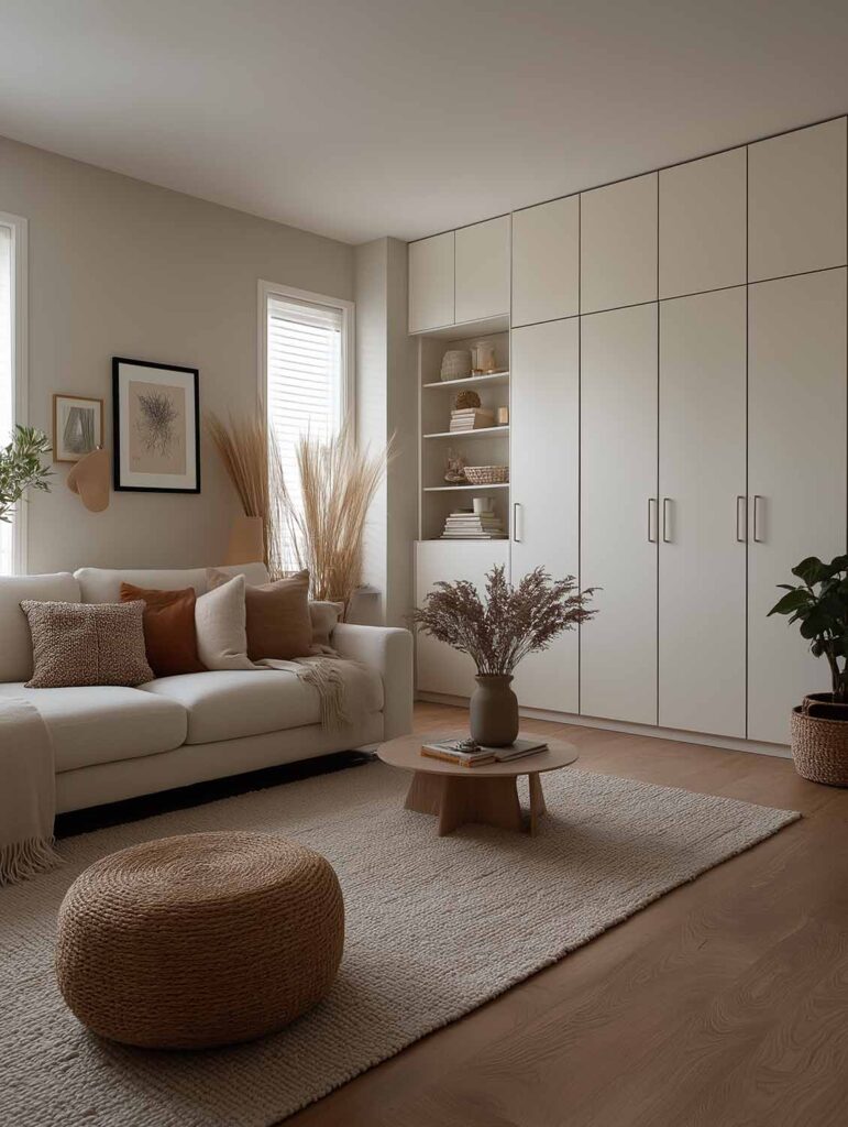 Im skandinavischen hellen Boho-Stil eingerichtetes Wohnzimmer mit einem schlichten, raumhohen Einbauschrank.