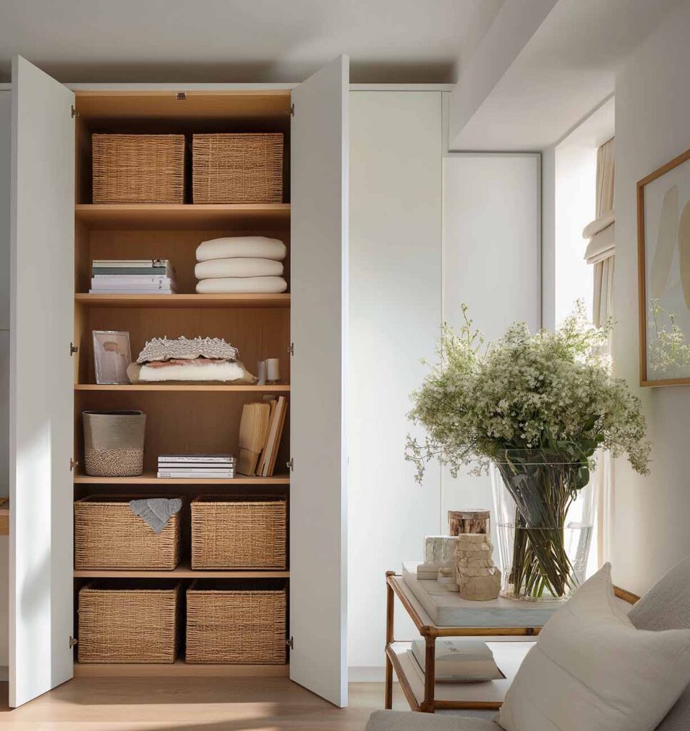 Wohnzimmer mit geöffnetem Wohnzimmerschrank. Im Schrank sind die aufbewahrten Gegenstände in große Körbe sortiert.