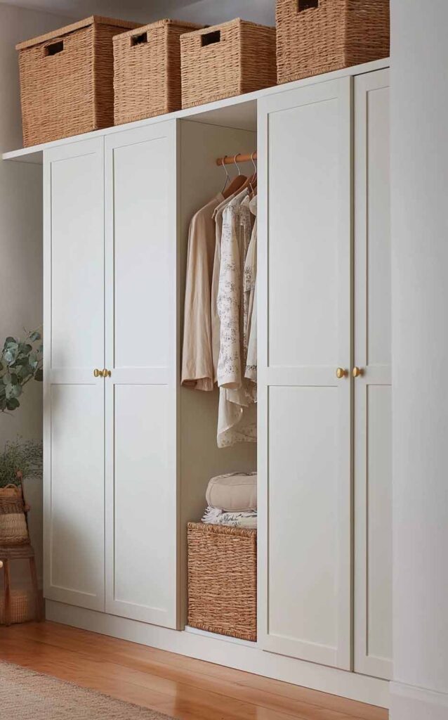 Schlichter weißer Kleiderschrank im Schlafzimmer. Oben auf dem Kleiderschrank stehen mehrere Boxen aus Rattan, die zusätzlichen Stauraum bieten.