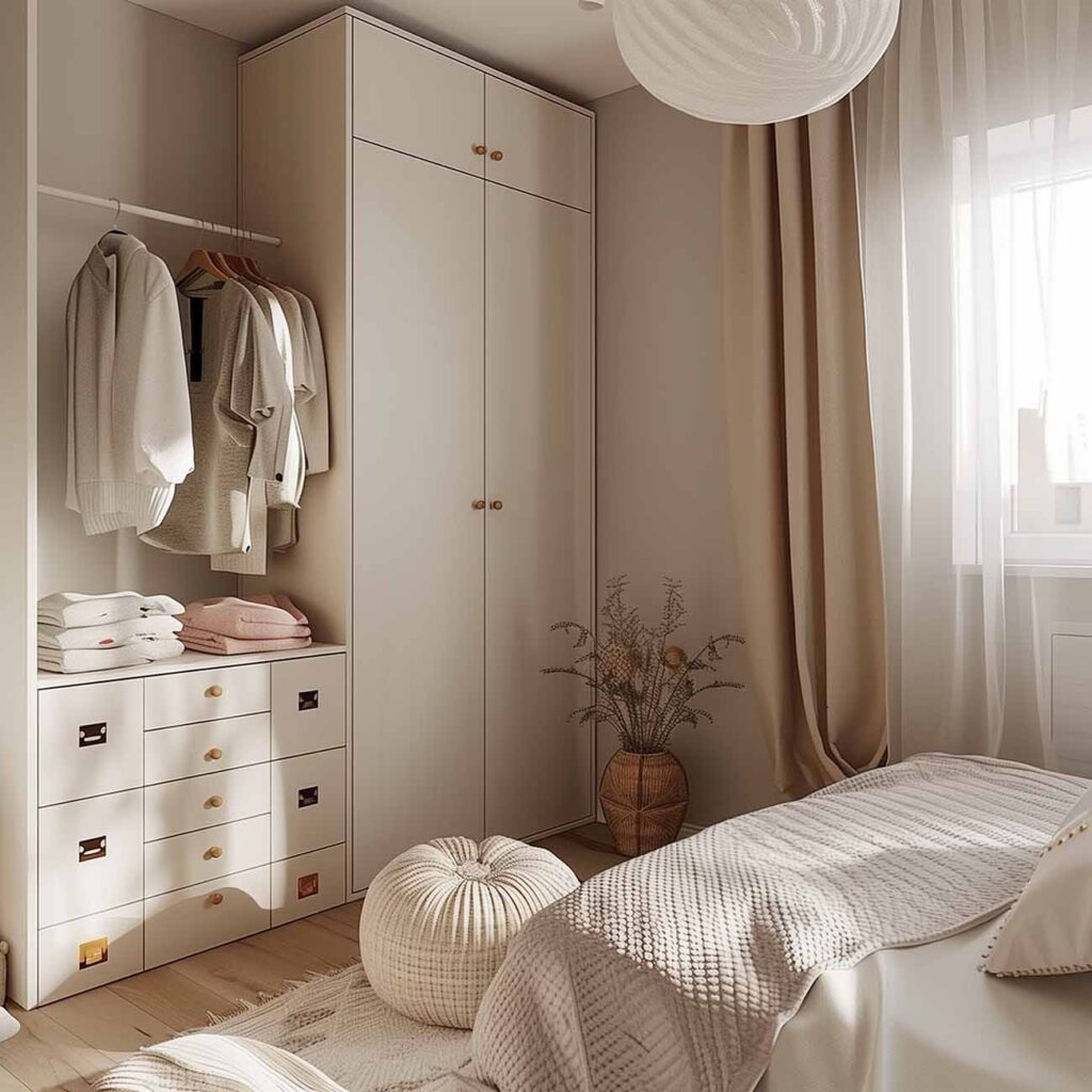 Schlafzimmer in warmen Beigetönen. Seitlich am Kleiderschrank ist eine Kleiderstange angebracht, an der Platz ist für schon getragene Kleidungsstücke, die nicht mehr in den Schrank zurück sollen.
