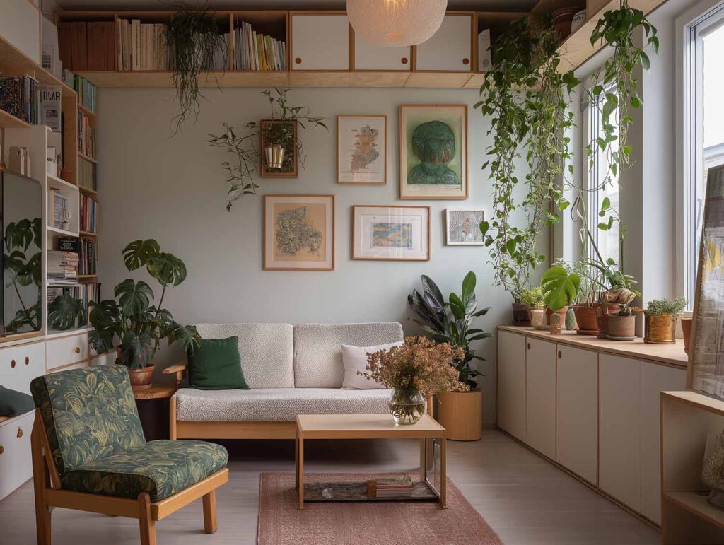 Blick in ein kleines Wohnzimmer im Retro-Hipster-Stil. Entlang der Decke, auch oberhalb der Fenster, befinden sich Regale mit Büchern und sonstigen Einrichtungsgegenständen