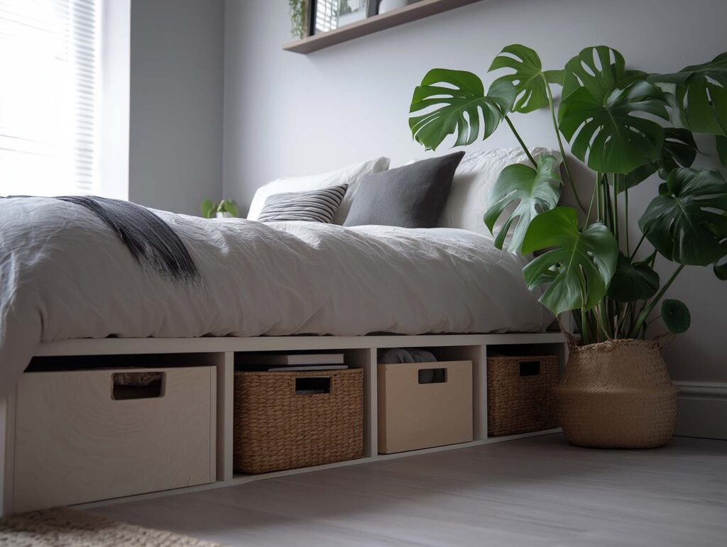 Blick auf ein schlichtes Bett, unter dem sich mehrere Stauraumkisten befinden. Neben dem Bett steht eine große grüne Monstera.