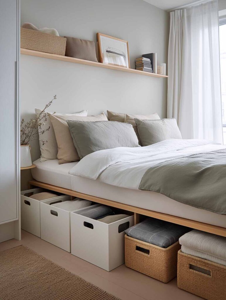 Seitlicher Blick auf ein Bett in einem schlicht skandinavisch eingerichteten Zimmer. Unter dem Bett befinden sich mehrere Stauraumkisten