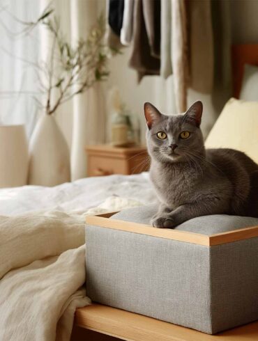 Neben einem Bett befinden sich mehrere Stauraumkörbe und Boxen. Auf der Kiste im Vordergrund sitzt eine graue Katze.