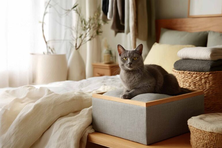 Neben einem Bett befinden sich mehrere Stauraumkörbe und Boxen. Auf der Kiste im Vordergrund sitzt eine graue Katze.