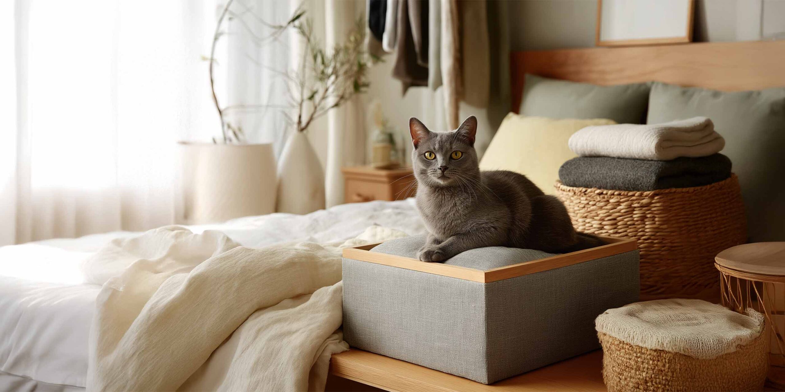 Neben einem Bett befinden sich mehrere Stauraumkörbe und Boxen. Auf der Kiste im Vordergrund sitzt eine graue Katze.