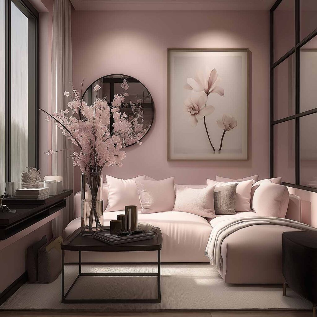Wohnzimmer in Rosa mit Sofa, Spiegel und Kirschblüten – harmonischer Rückzugsort für Geborgenheit und Ruhe.
