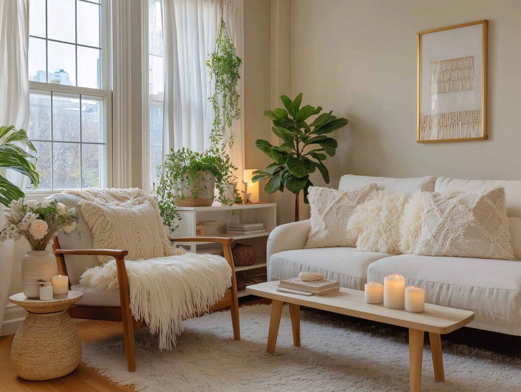Helles Wohnzimmer mit Sofa, Pflanzen und Kerzenlicht – entspannende Wohlfühlatmosphäre für Zuhause.