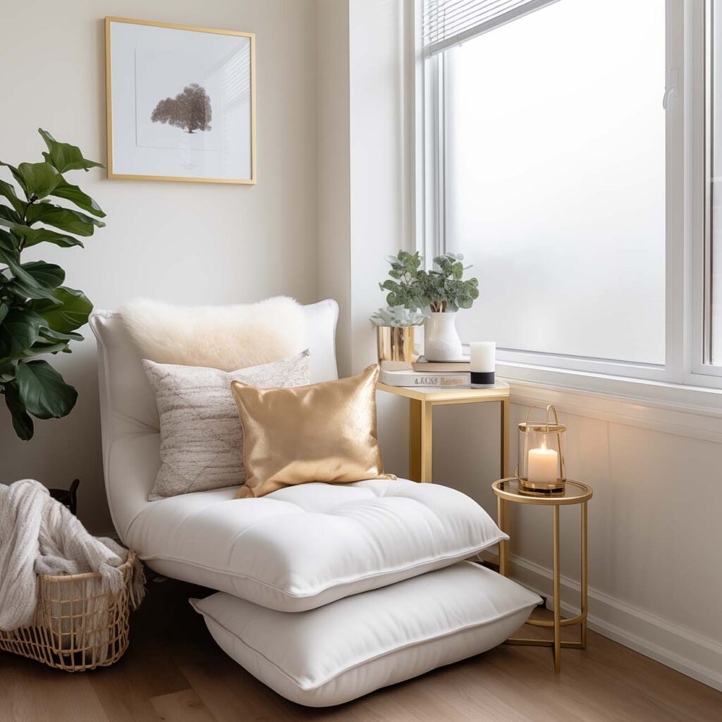 Elegante Leseecke mit weißen Polstern und goldenen Akzenten – stilvoller Rückzugsort am Fenster.