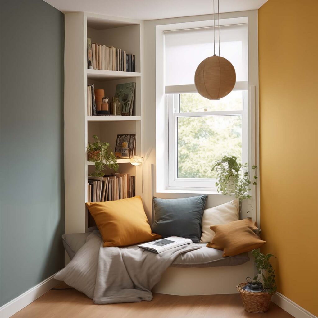 Gemütliche Sitzecke am Fenster mit Bücherwand und warmen Farben für entspannte Momente.
